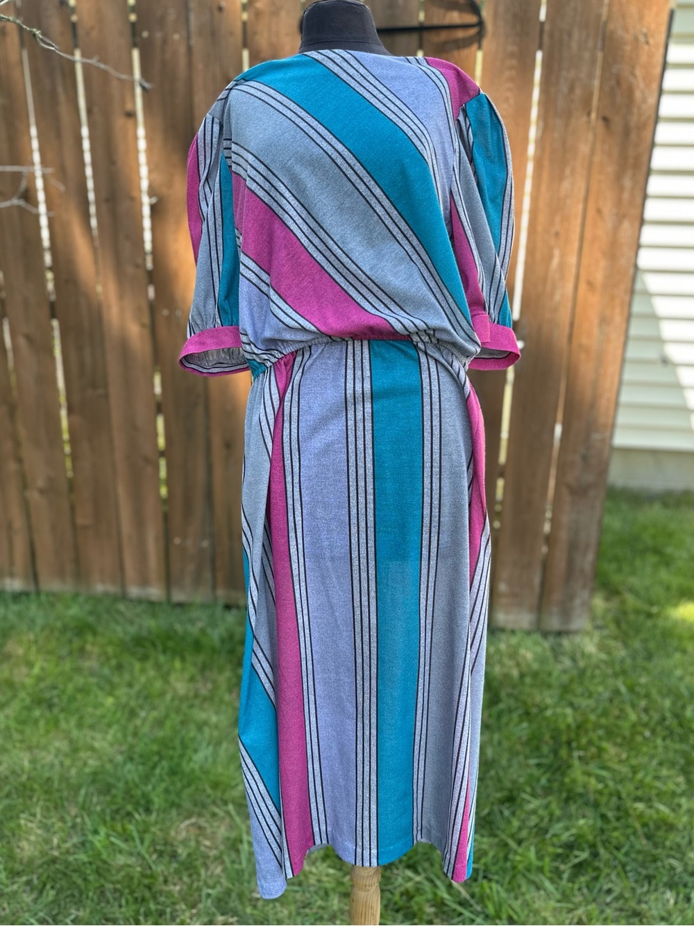 Vintage Champagne Teal, Magenta, and Gray Striped Women’s Midi Dress